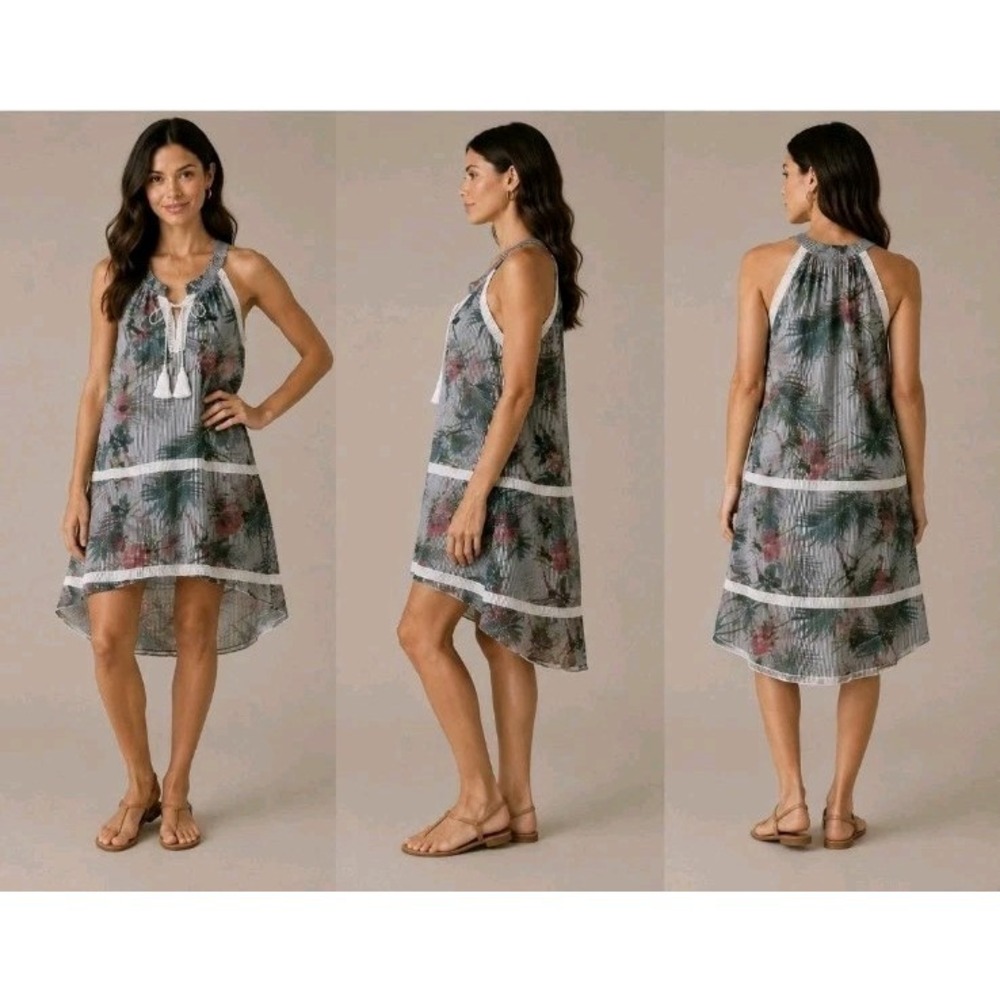 Joe's Jean Collection S Palm Floral Striped Halter Tank Dress Tassel Boho Tiered